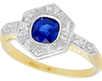 Antique French 0.81ct Sapphire and 0.71ct Diamond, 18k Yellow Gold Dress Ring