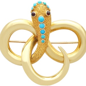 Antique 0.37ct Turquoise and Garnet, 14ct Yellow Gold Snake Brooch Circa 1870