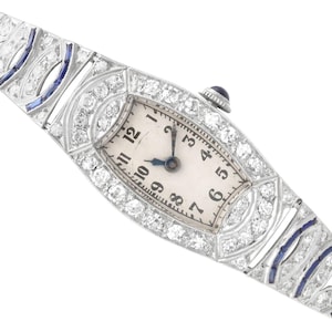 Antique Art Deco 0.70ct Sapphire Watch with 2.92ct Diamond in Platinum Circa 1920