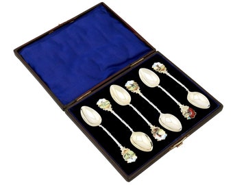 Sterling Silver and Enamel Spoons - Antique Edwardian (1909)