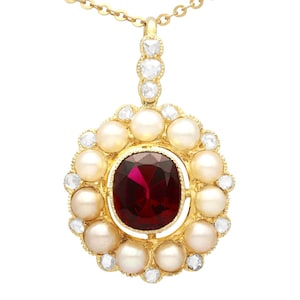 Antique 2.96ct Garnet, Pearl and 0.72ct Diamond, 12ct Yellow Gold Pendant Circa 1880