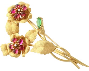 Vintage Liberty 18K Gold Floral Brooch: Tourmaline & Diamond