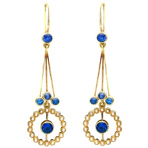 2.02ct Sapphire and Seed Pearl, 15ct Yellow Gold Drop Earrings - Antique Circa 1910
