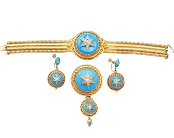 1.82 ct Diamond and Turquoise, 18 ct Yellow Gold Jewellery Set - Antique Early Victorian