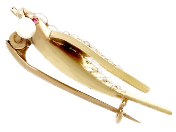 Seed Pearl and Ruby, 15ct Yellow Gold Bird Brooch… - image 4