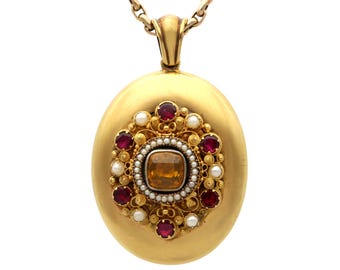 Antiguo medallón victoriano de oro de 18 quilates con granate citrino y perla (1860)