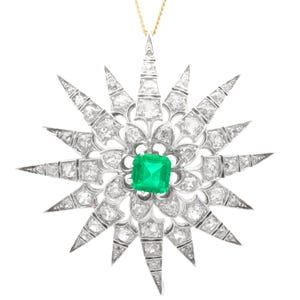 Antique Victorian 1.60ct Emerald, 4.22ct Diamond and 12ct Yellow Gold Brooch Pendant Circa 1890