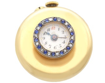 Reloj de solapa antiguo suizo de zafiro y diamantes en oro amarillo de 18 quilates