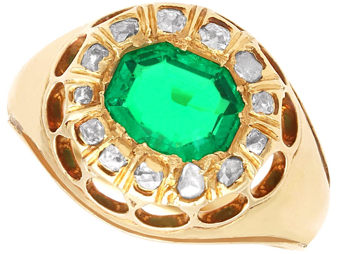 Bague Cocktail Or Jaune 18 Carats, émeraude Colombienne Et Diamant – Halo Vintage – Taille 7.75