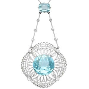 Antique 10.97ct Aquamarine and 1.57ct Topaz, 1.42ct Diamond and Platinum Necklace