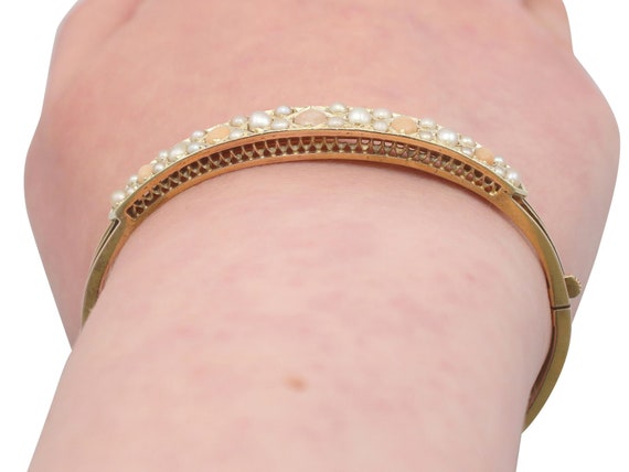 Coral and Seed Pearl, 15 ct Yellow Gold Bangle - … - image 10