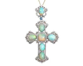 20.34ct Opal and 4.63ct Diamond, Silver Gilt Cross Pendant / Brooch - Antique Circa 1860