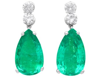 15.51ct Colombian Emerald and 1.12ct Diamond, Platinum Drop Earrings - Vintage Circa 1950