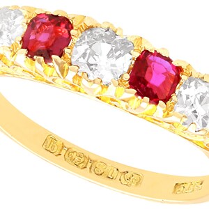 0.45ct Ruby and 0.60ct Diamond, 18ct Yellow Gold Five Stone Ring - Antique Circa 1915