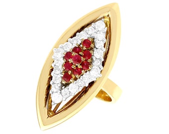Vintage Ruby Diamond Ring: 18K Yellow Gold Marquise Cocktail Ring