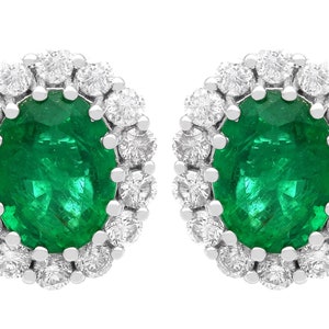 Vintage 3.50ct Emerald and 0.70ct Diamond 18ct White Gold Cluster Earrings