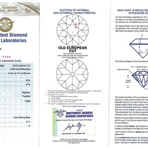 May include: A diamond grading report from Independent Diamond Grading Laboratories for a 0.82 carat, Old European cut diamond. The report includes details on the diamond's cut, clarity, color, fluorescence, and proportions. The report also includes a diagram showing how light is reflected and refracted in a polished diamond.