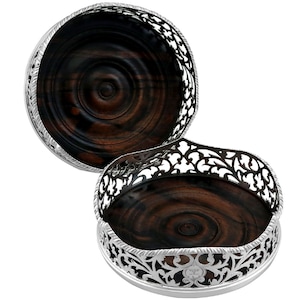 Antique Victorian Sterling Silver and Walnut Wood Coasters