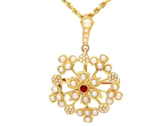 Ruby and Seed Pearl, 15ct Yellow Gold Pendant / B… - image 1