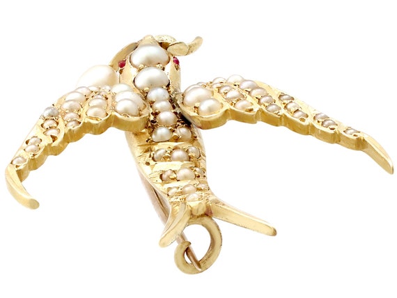 Seed Pearl and Ruby, 15ct Yellow Gold Bird Brooch… - image 3