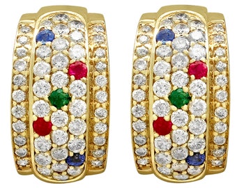 Vintage 1.96ct Diamond and Sapphire, Ruby and Emerald, 14k Yellow Gold Earrings