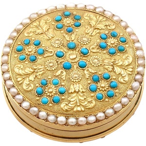 Antique 12k Yellow Gold, Pearl and Turquoise Pill Box Circa 1815
