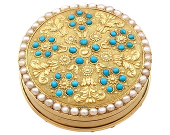 Antique 12k Yellow Gold, Pearl and Turquoise Pill Box Circa 1815