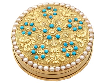 12ct Yellow Gold, Pearl and Turquoise Pill Box - Antique Circa 1815