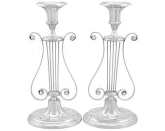 Antique Sterling Silver Lyre Candlesticks