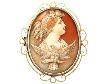 Carved Shell and 15 ct Yellow Gold Cameo Brooch - Antique Circa 1880