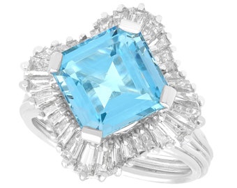 4.12ct Aquamarine and 1.95ct Diamond, Platinum Cluster Ring - Vintage Circa 1980