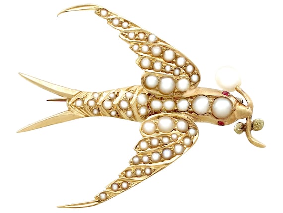 Seed Pearl and Ruby, 15ct Yellow Gold Bird Brooch… - image 1