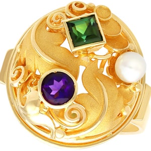 Pearl, 0.33ct Tourmaline, 0.30ct Amethyst and 14ct Yellow Gold Dress Ring - Vintage German Circa 1940
