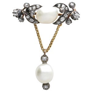 Natural Pearl and 0.90ct Diamond, 15ct Yellow Gold and Silver Set Brooch - Antique Circa 1860