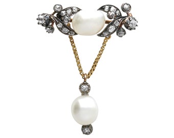 Antique Pearl Diamond Brooch: 15ct Gold & Silver, Circa 1860