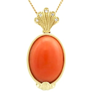 7.27 ct Coral and Diamond, 18 ct Yellow Gold Pendant - Vintage Circa 1950