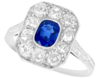 Antique 1ct Sapphire and 1.10ct Diamond Platinum Cluster Ring