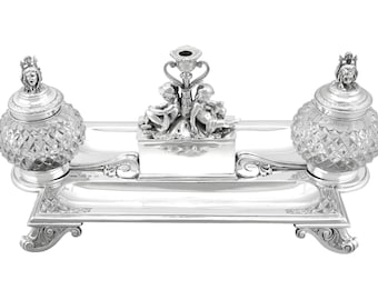 Encrier / Support de bureau en argent sterling et verre - Victorien antique (1899)