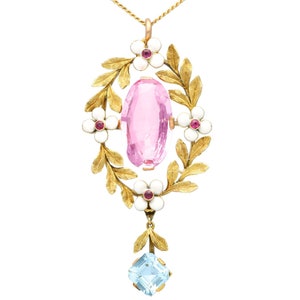 Antique 8.84 Pink Topaz, 1.80ct Aquamarine, 0.10ct Ruby and Enamel, 15k Yellow Gold Pendant