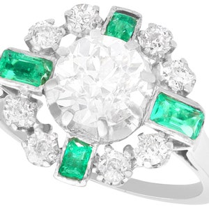 2.06ct Diamond and 0.46ct Emerald, 18ct White Gold Dress Ring - Vintage French Circa 1950