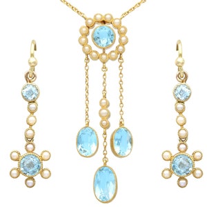 2.71ct Aquamarine and Pearl, 15ct Yellow Gold Earring and Pendant Set - Antique Circa 1900