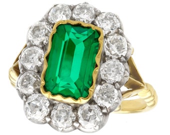 Antique 2 ct Colombian Emerald and 2.2 ct Diamond, 18k Yellow Gold Dress Ring