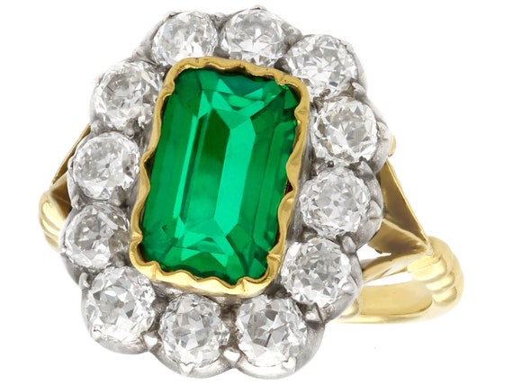 Antique 2 Carat Emerald and Diamond Cluster Ring