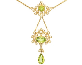 3.43 ct Peridot and Seed Pearl, 15 ct Yellow Gold Necklace - Antique Circa 1920