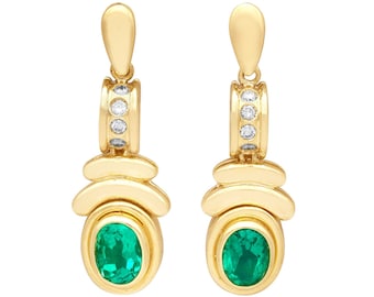 Vintage Art Deco Emerald Diamond 18ct Gold Drop Earrings