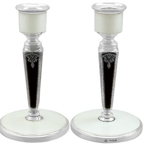 Antique Art Deco Sterling Silver and Enamel Candlesticks