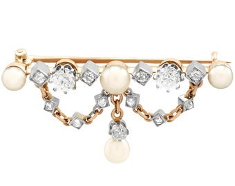 Antique Victorian 0.96ct Diamond and Pearl, 18k Yellow Gold Brooch