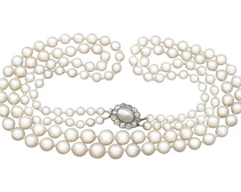 Vintage Double Strand Pearl Necklace: 0.84 ct Diamond 14K Gold Clasp