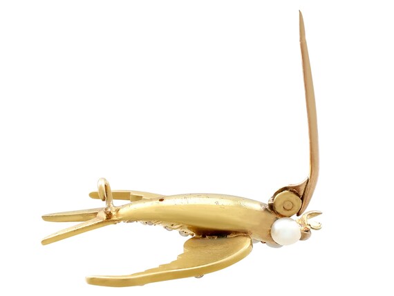 Seed Pearl and Ruby, 15ct Yellow Gold Bird Brooch… - image 6