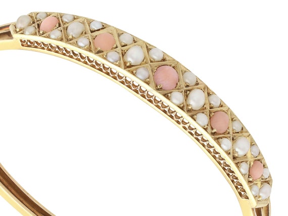 Coral and Seed Pearl, 15 ct Yellow Gold Bangle - … - image 3